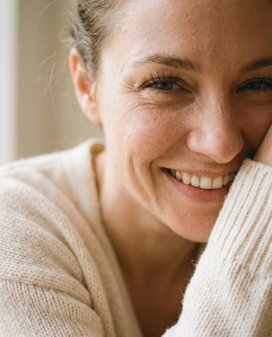 A woman mid-smile, bare face